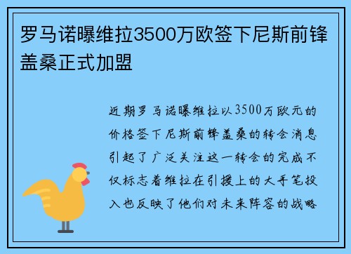 罗马诺曝维拉3500万欧签下尼斯前锋盖桑正式加盟