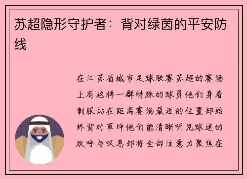苏超隐形守护者：背对绿茵的平安防线